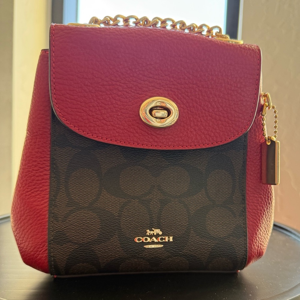 Coach Mini Backpack In Coated Signature Canvas & Red Leather C5678